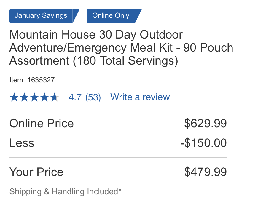 Mountain House 30 Day Outdoor Adventure/Emergency Meal Kit - 90 Pouch Assortment (180 Total Servings) | Costco