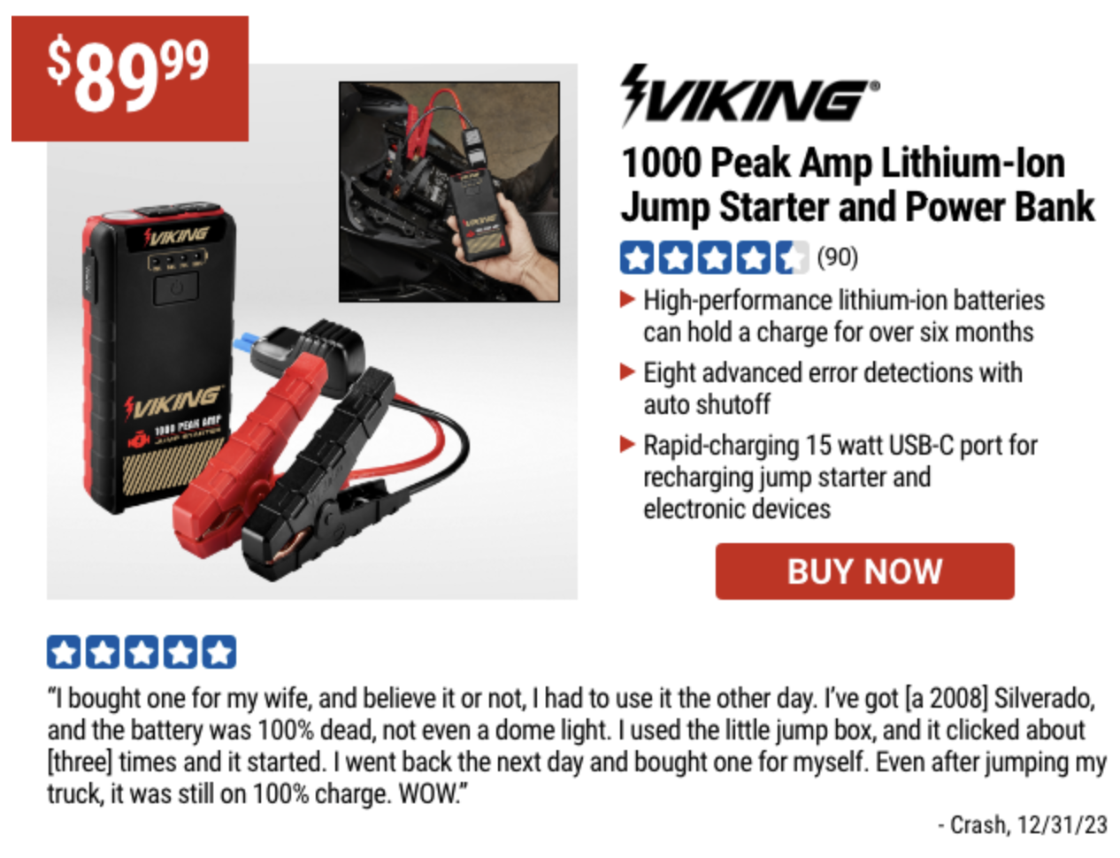 1000 Peak Amp Lithium-Ion Jump Starter and Power Bank