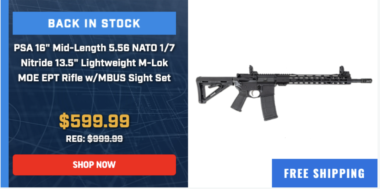 PSA 16" MID-LENGTH 5.56 NATO 1/7 NITRIDE 13.5" LIGHTWEIGHT M-LOK MOE EPT RIFLE W/MBUS SIGHT SET